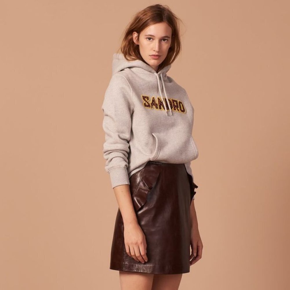 NWOT Sandro brown leather ruffle accent mini skirt, M